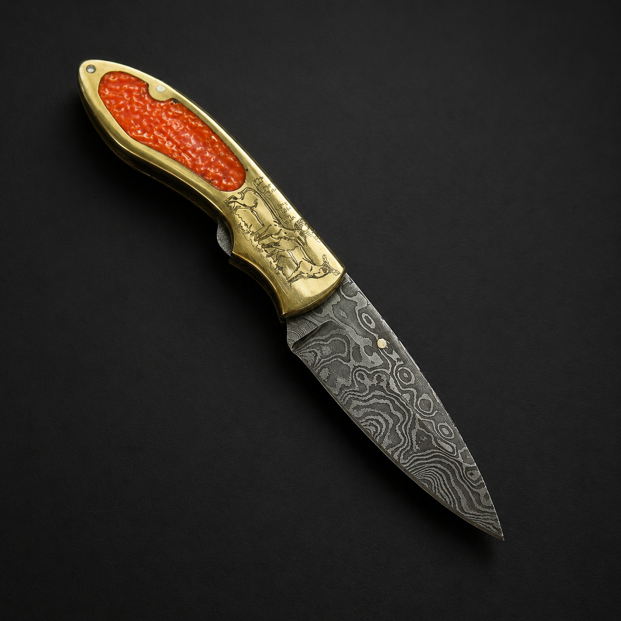 Custom Handmade Damascus Steel Folding Pocket Knife with Brass Handle – 512 Layers EDC Knife with Leather Sheath