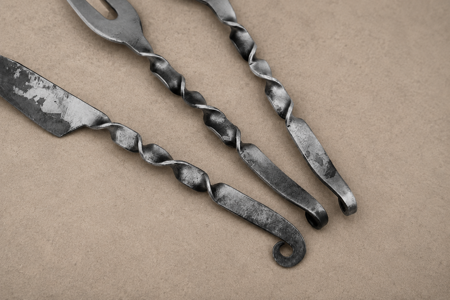 Hand Forged Medieval Feasting Utensil Set with Leather Pouch (3 Pieces)