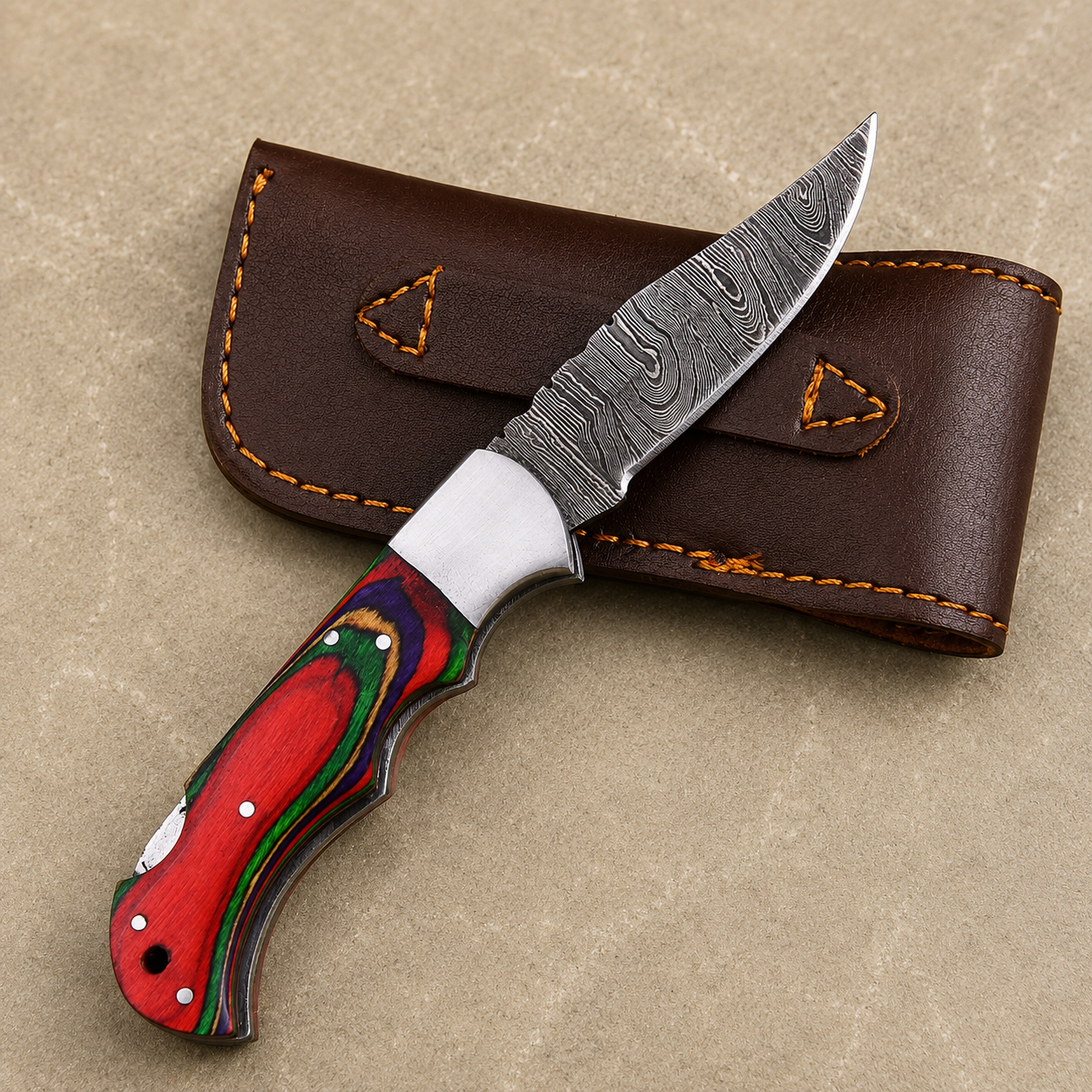 Classic Damascus Pocket Knife – Multi-Color Pakka Wood