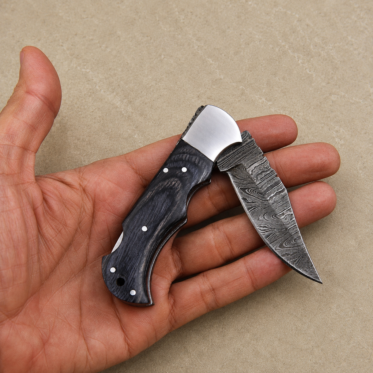 Artisan Folding Damascus Steel Pocket Knife – Black Pukka Wood Handle | Steel Bolster | Classic Back Lock