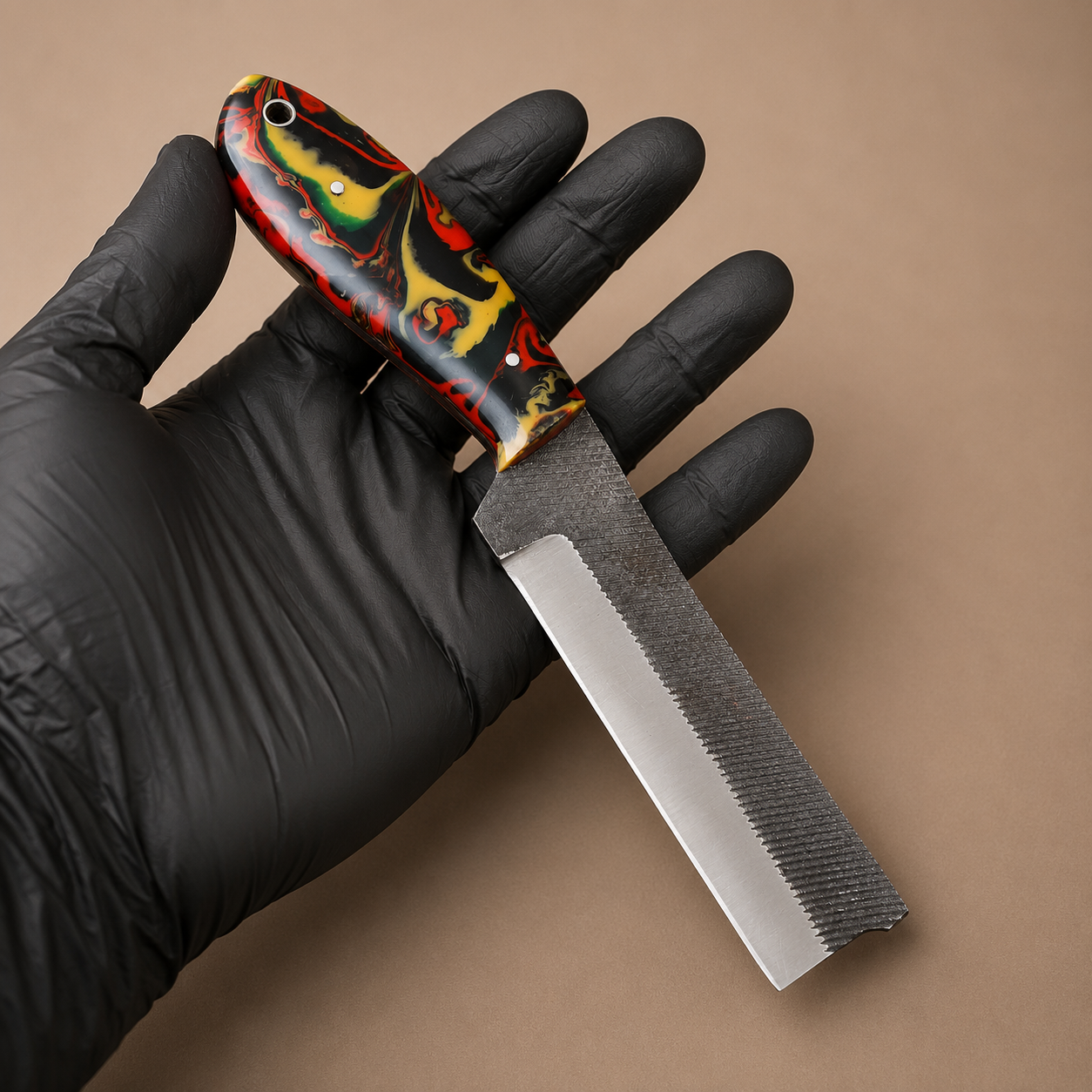 Hand Forged Railroad Steel Fixed Blade Knife with Resin Handle – Compact Utility Tool with Leather Sheath