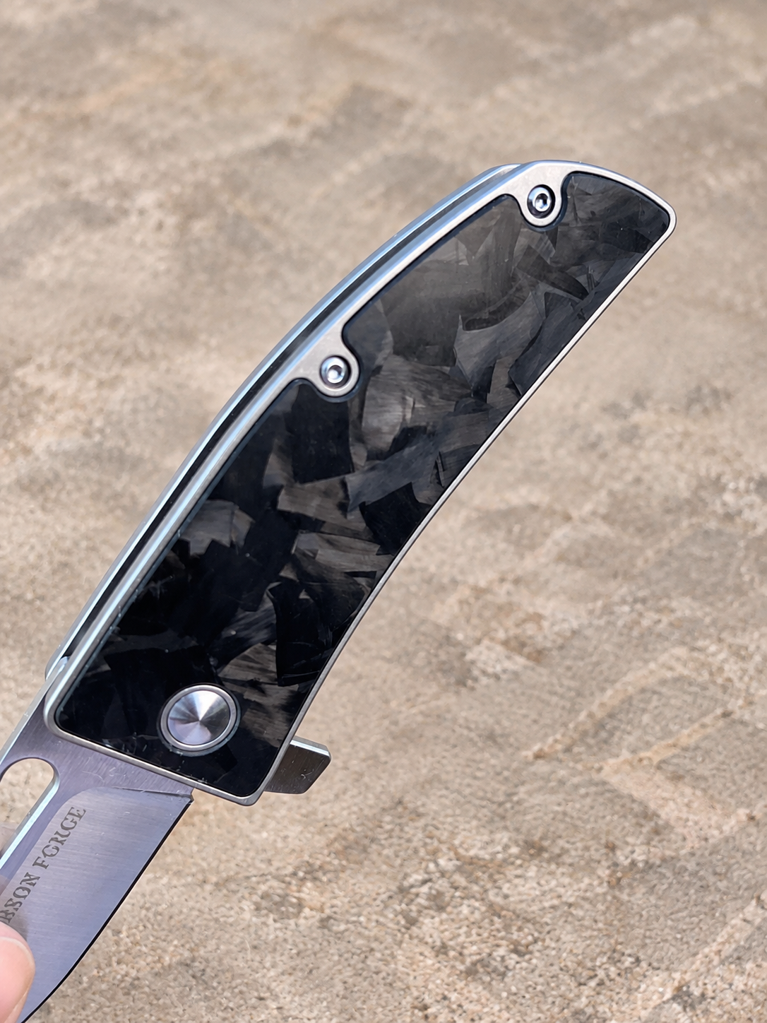 D2 Tool Steel Folding Knife with Forged Marble Carbon Fiber & Titanium Frame
