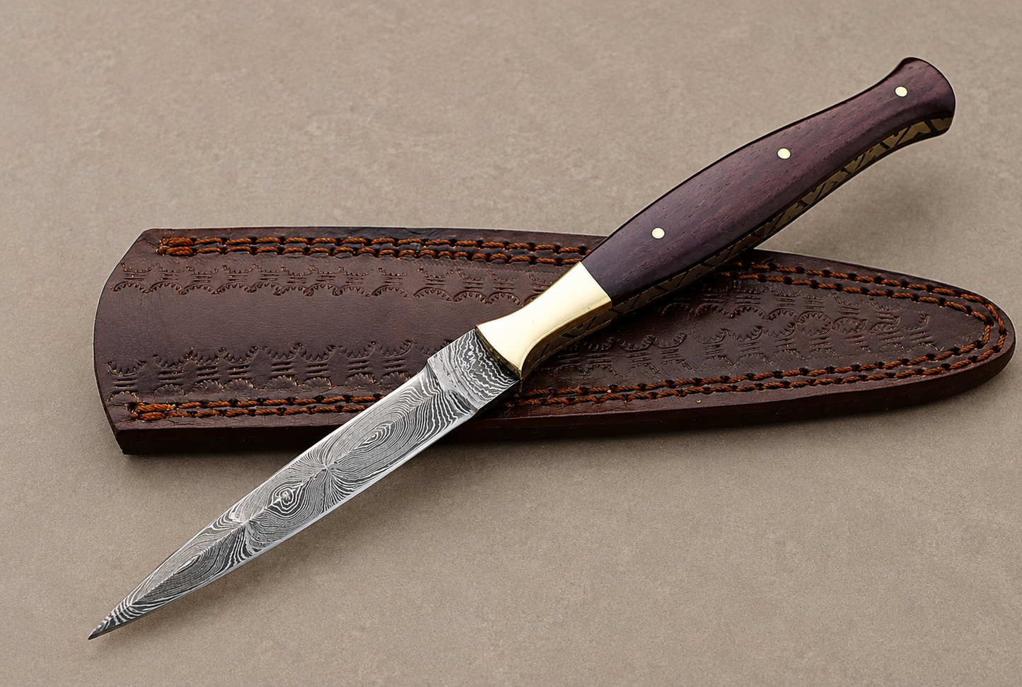 Golden Mesa Damascus Steel Knife – 512 Layer Hand Forged Blade with Camel Bone & Brass Handle and Leather Sheath