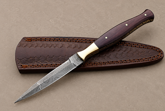 Golden Mesa Damascus Steel Knife – 512 Layer Hand Forged Blade with Camel Bone & Brass Handle and Leather Sheath