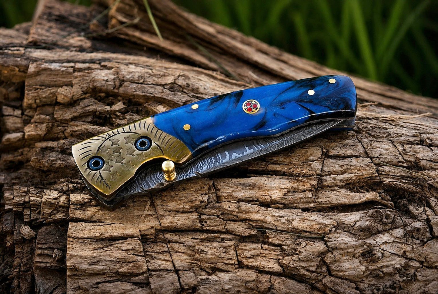 Handcrafted 512-Layer Damascus Steel Folding Utility Knife with Resin & Copper Handle – Premium EDC with Leather Sheath