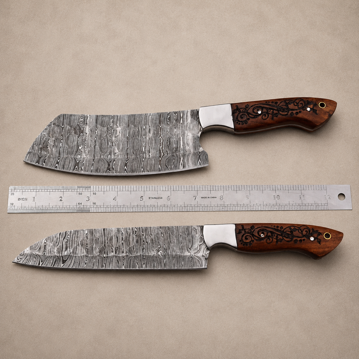 Hand Forged Damascus Steel Chef Knife Set – 2 Piece Kitchen Knife Set with Wood & Steel Bolster Handles (512 Layers)