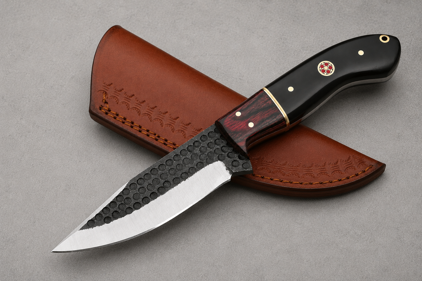 Iron Ridge Carbon Steel Knife – Bull Horn & Wood Handle with Leather Sheath