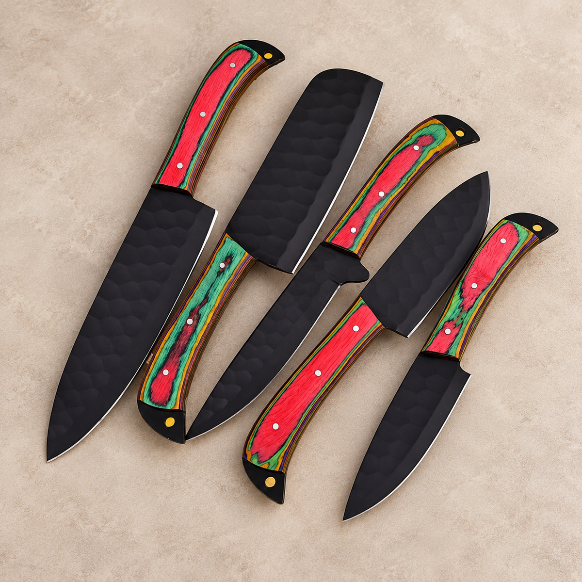 Custom Handmade Carbon Steel Chef Knife Set – 5 Piece Kitchen Knives with Leather Sheath