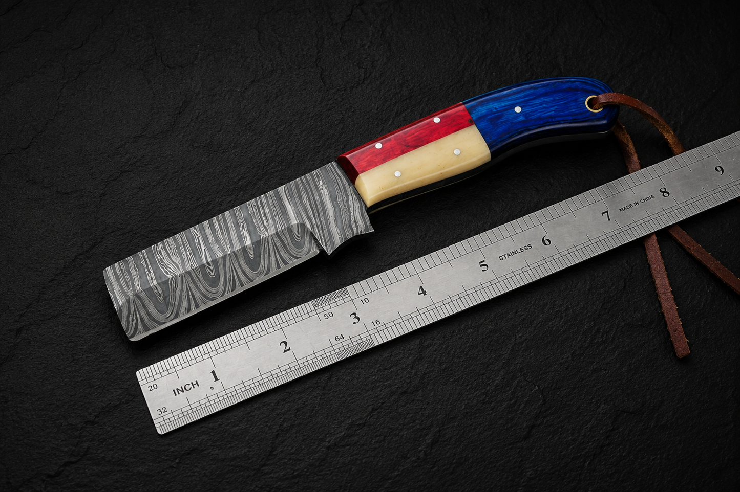 Heritage Trail Damascus Steel Utility Knife – 512 Layer Hand Forged Fixed Blade with Wood & Buffalo Bone Handle, Leather Sheath