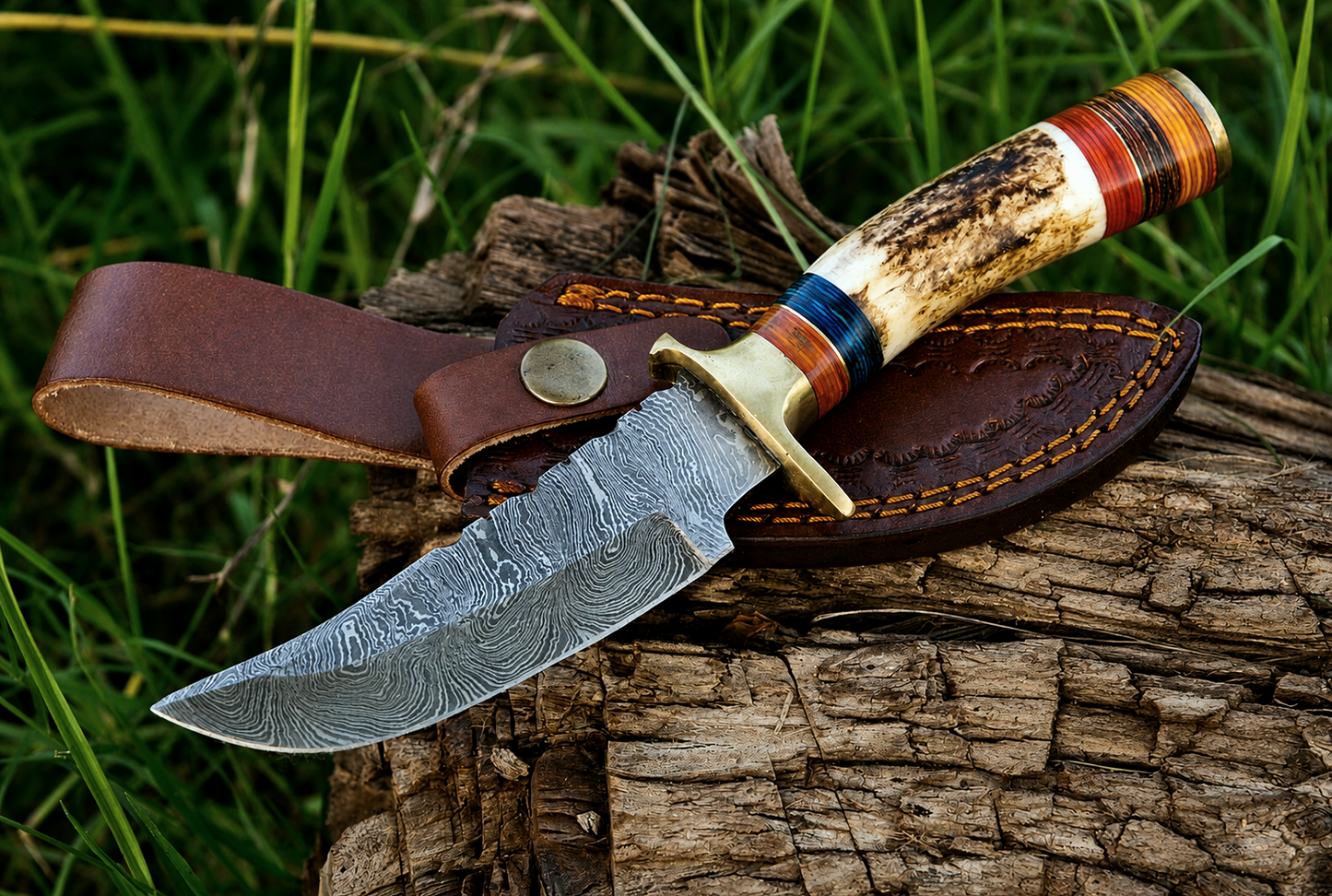 Hand Forged Damascus Steel Outdoor Knife with Stag Handle & Brass Guard – 512 Layers Knife with Leather Sheath