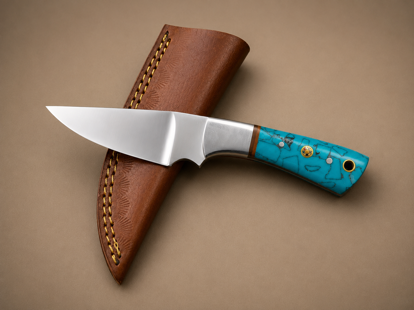 Handmade D2 Steel Fixed Blade Knife with Resin Handle & Leather Sheath – Mirror Polished Finish