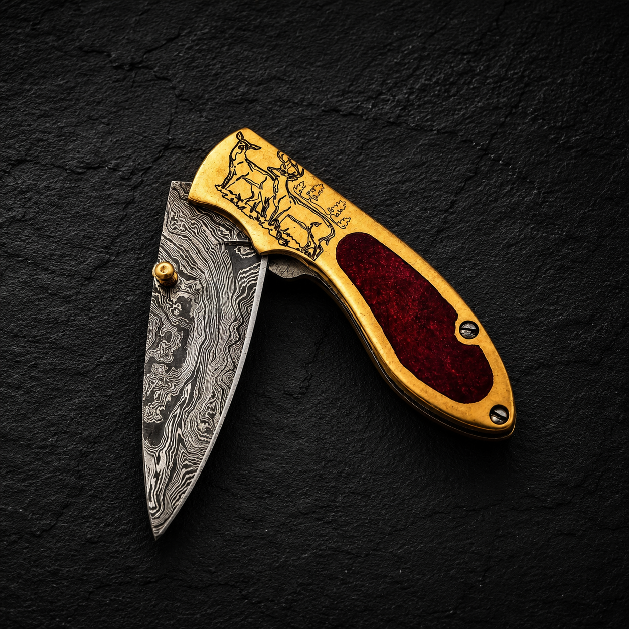 Brass Heritage Damascus Steel Folding Knife – 512 Layer Hand Forged Design with Resin & Brass Handle, Leather Sheath