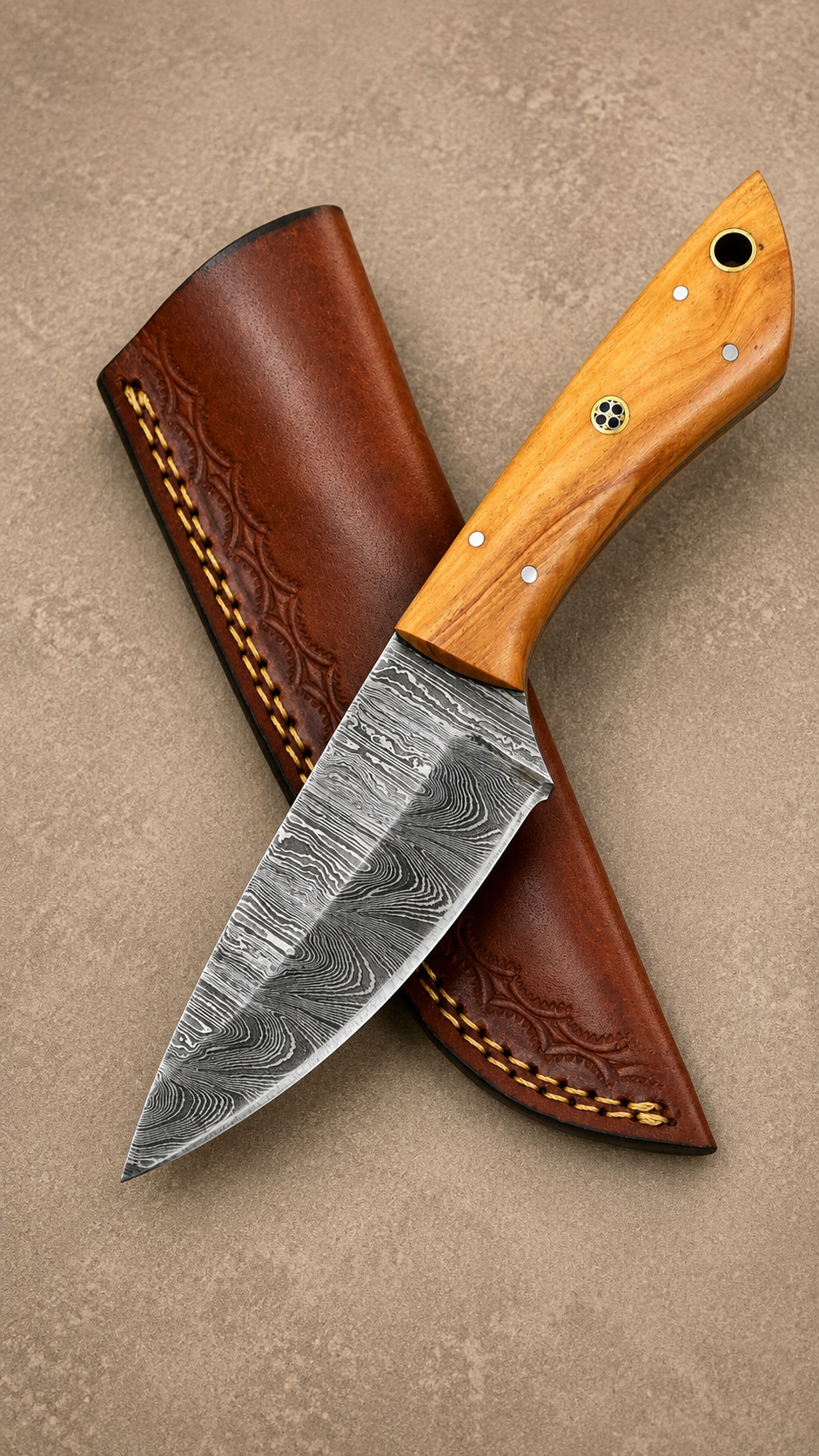 Trail Master Damascus Steel Utility Knife – 512 Layer Hand Forged Blade with Wood Handle & Leather Sheath