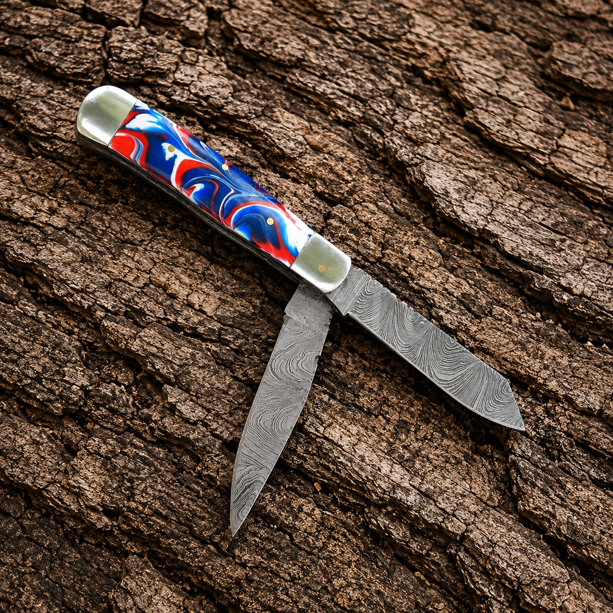 Custom Handmade Damascus Steel Double Blade Folding Utility Knife – Premium Trapper Style EDC with Leather Sheath