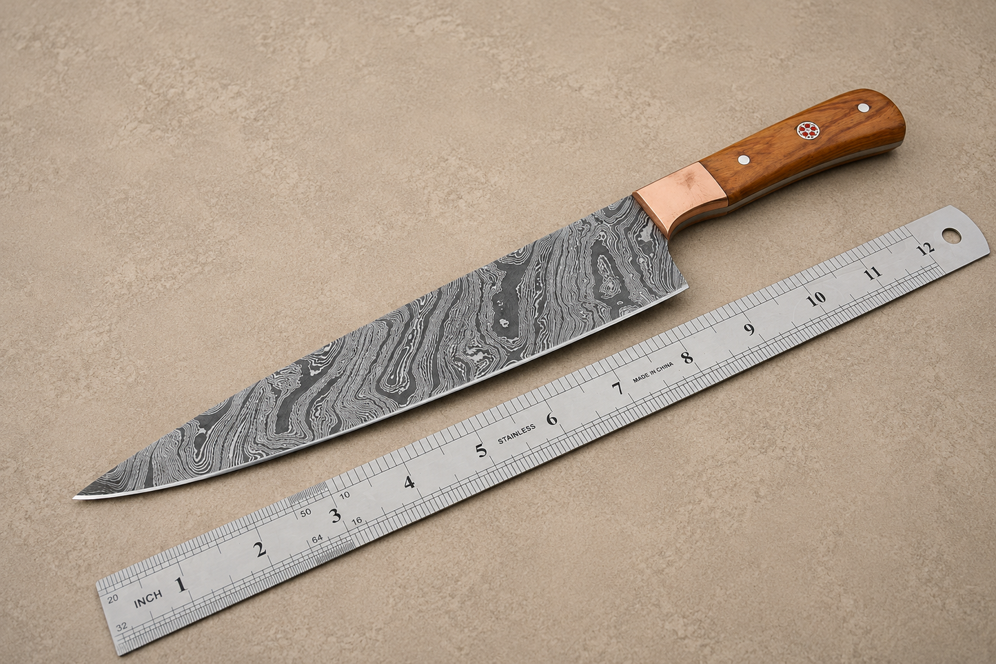 Olive Grove Damascus Chef Knife – 512 Layer Hand Forged Kitchen Knife with Olive Wood Handle & Copper Guard