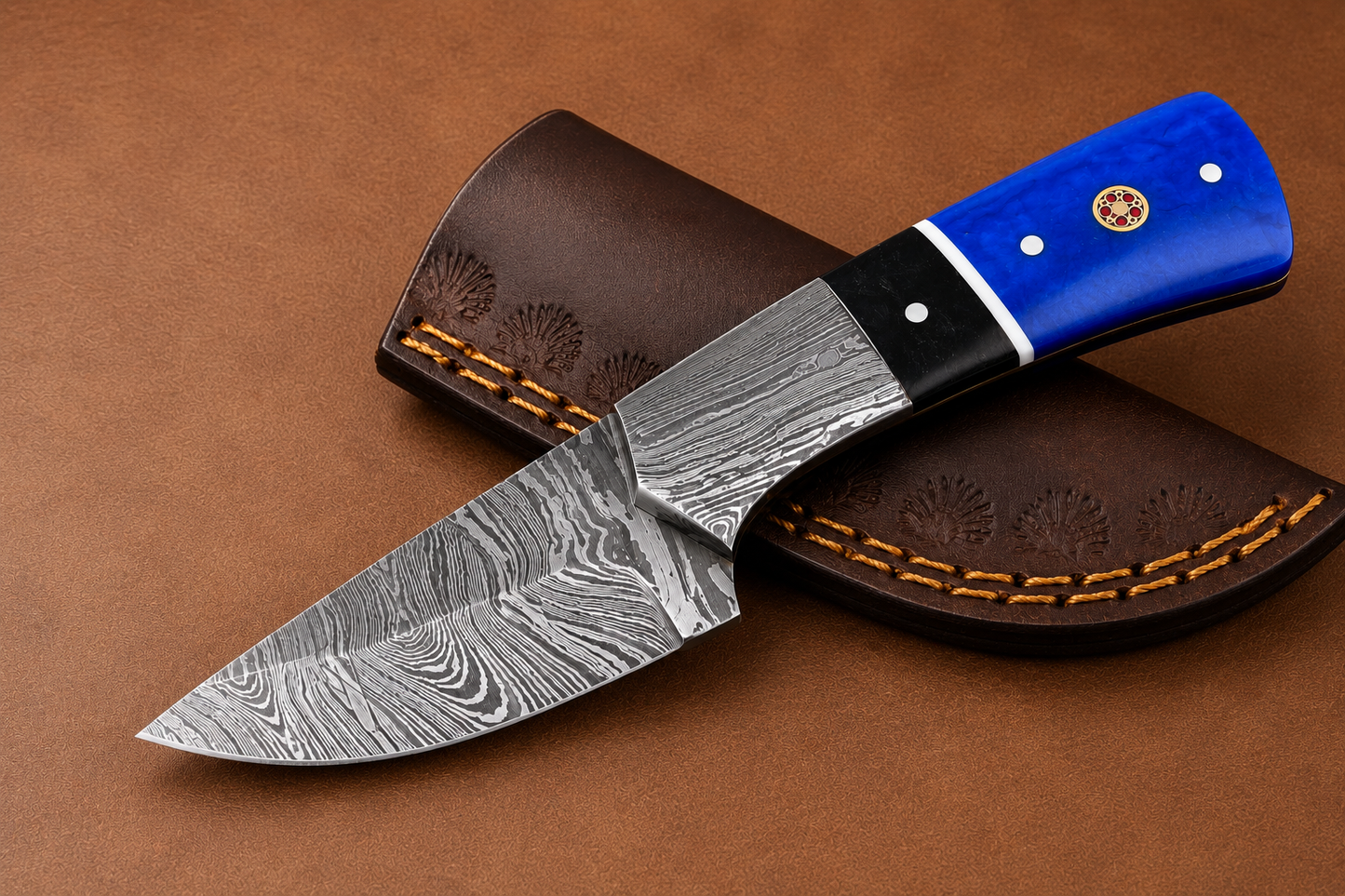 Damascus Steel Knife – 512 Layer Hand Forged Blade with Buffalo Horn, Resin & Damascus Bolster Handle