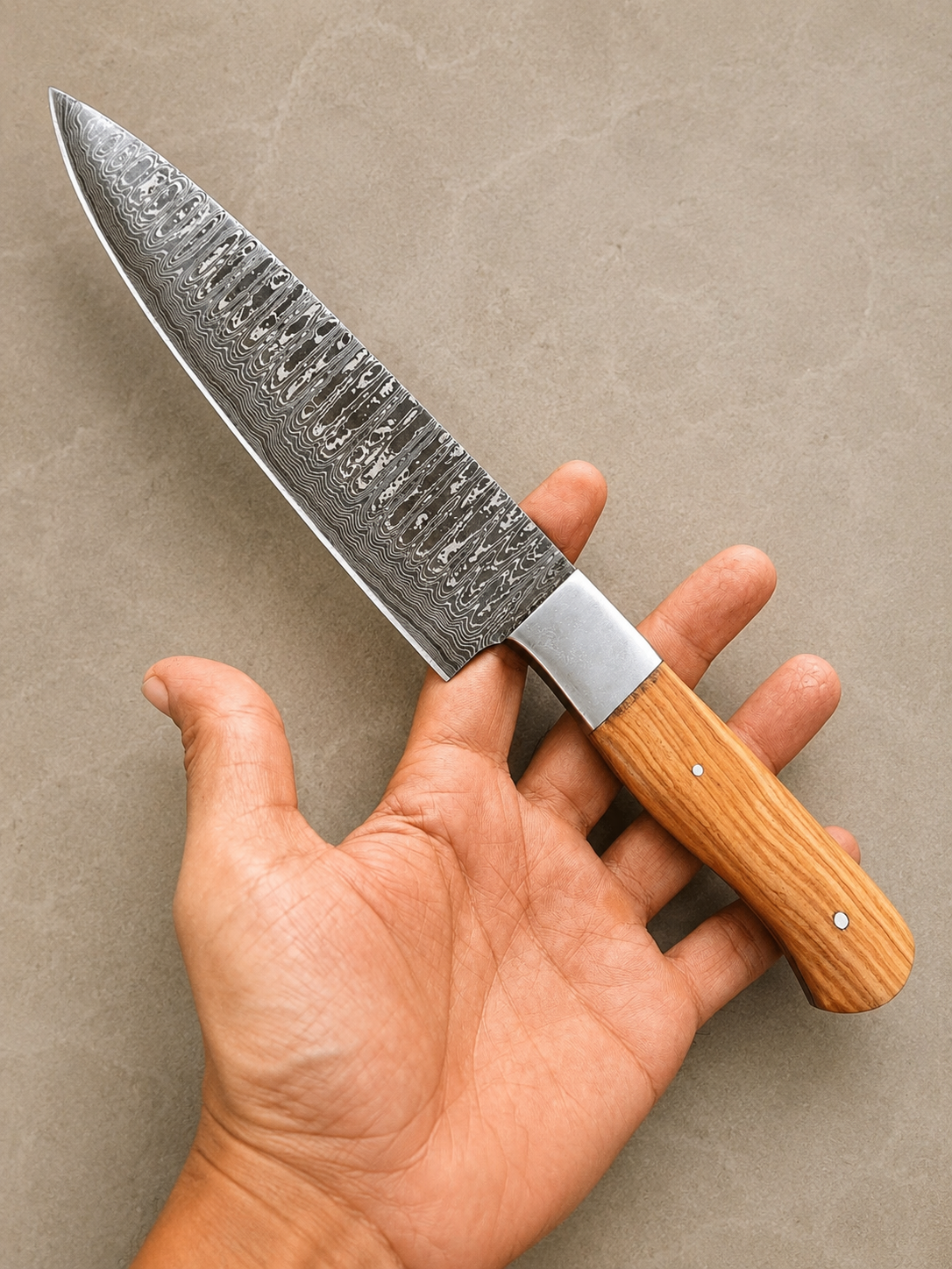 Artisan Damascus Chef Knife – 512 Layer Hand Forged Kitchen Knife with Wood Handle, Steel Bolster & Leather Sheath