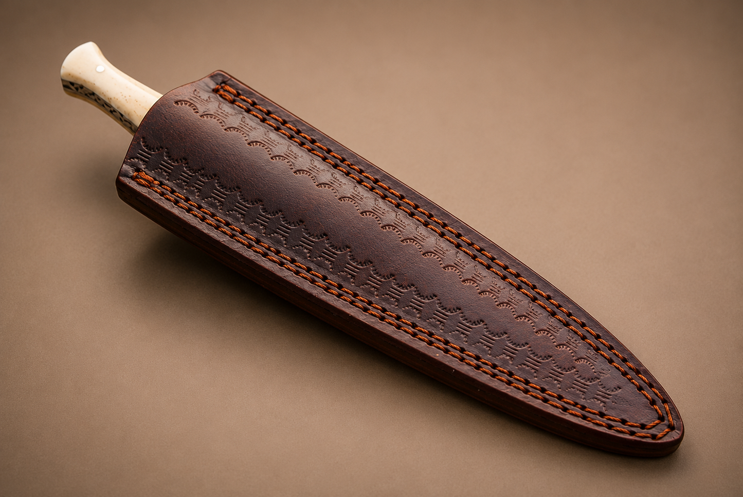 Desert Crest Damascus Steel Knife – 512 Layer Hand Forged Blade with Camel Bone Handle & Leather Sheath