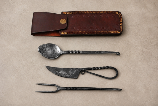 Hand Forged Medieval Damascus Utensil Set – Handmade Feasting Spoon Fork & Utility Set with Leather Pouch