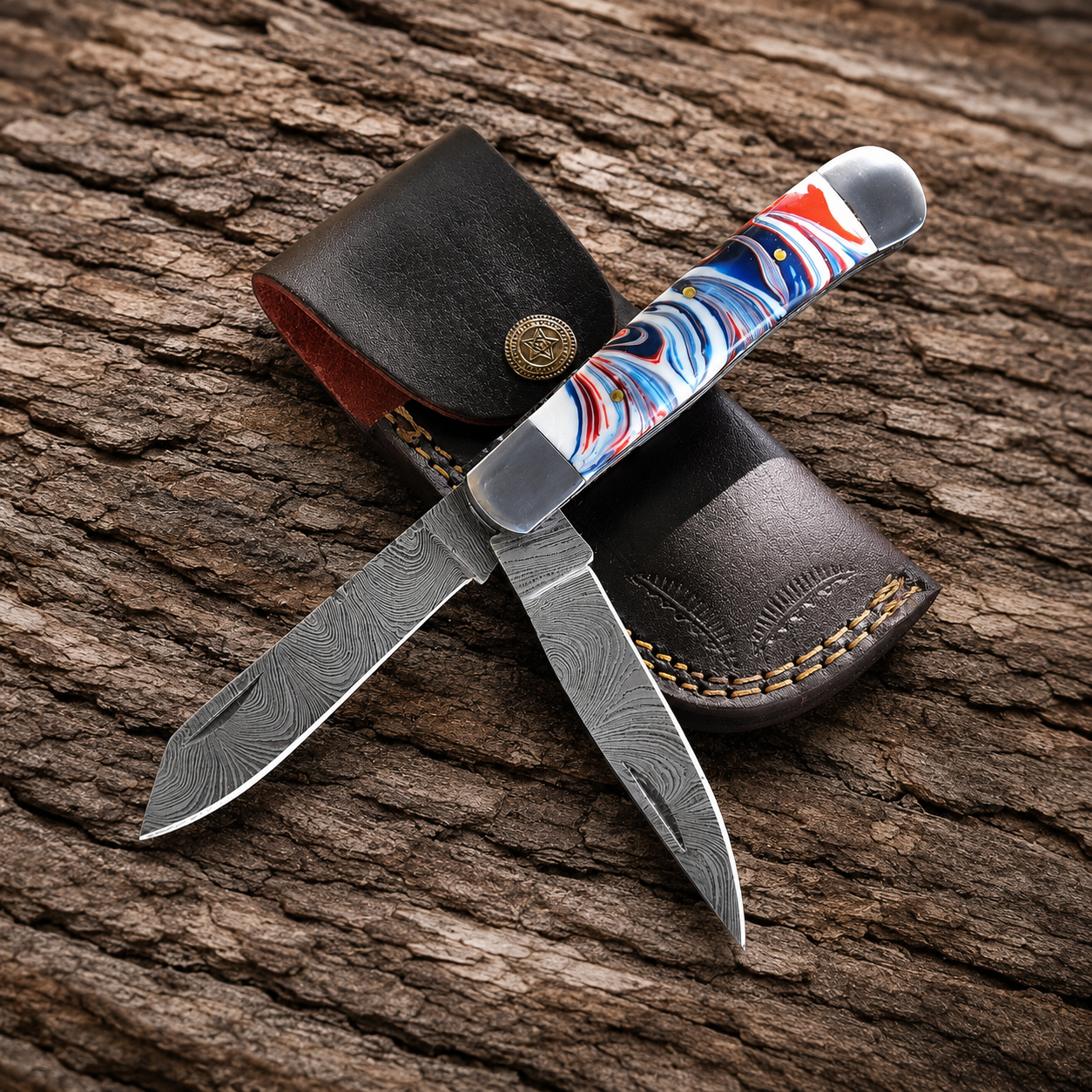 Custom Handmade Damascus Steel Double Blade Folding Utility Knife – Premium Trapper Style EDC with Leather Sheath