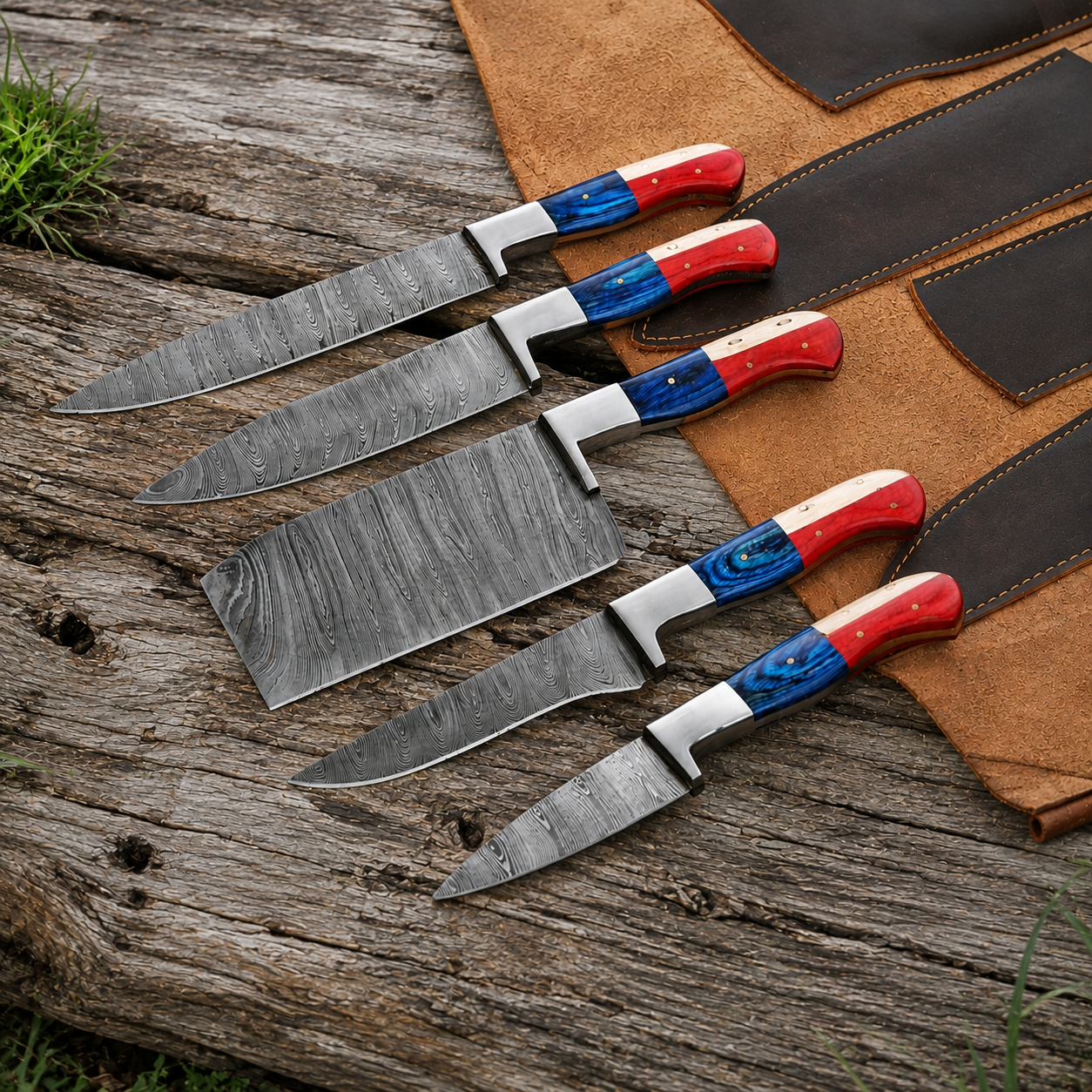 Hand Forged Damascus Steel Chef Knife Set – 5 Kitchen Knives with Wood Handles & Leather Sheath