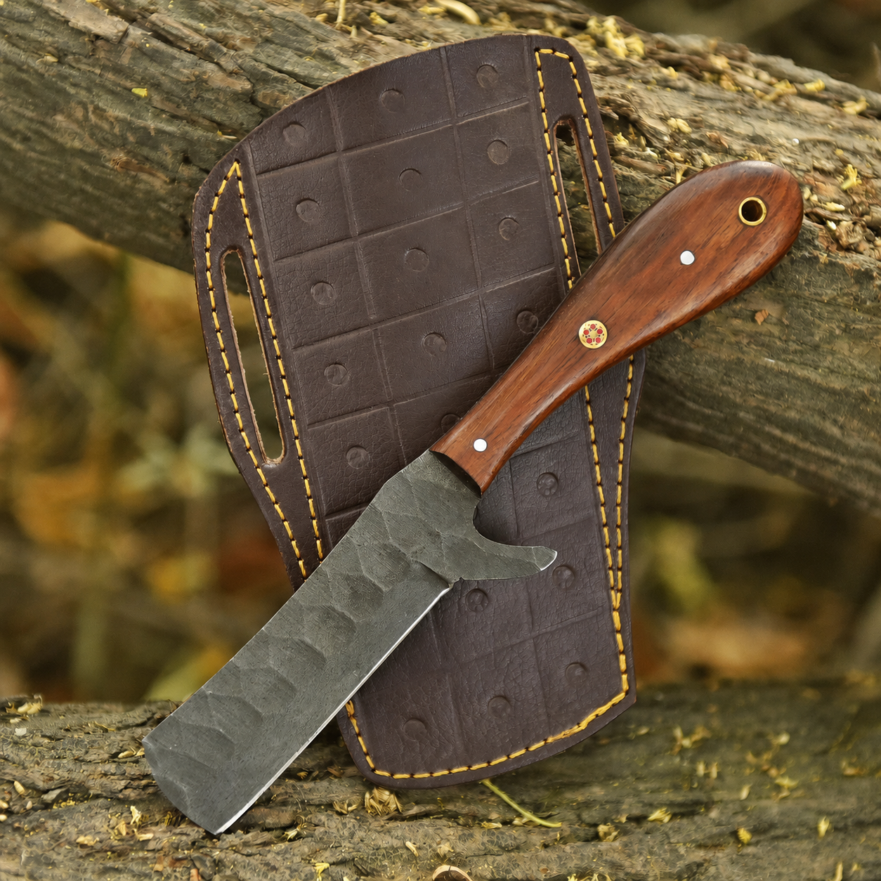 Hand Forged Railroad Steel Fixed Blade Knife with Wood Handle & Engraved Leather Sheath