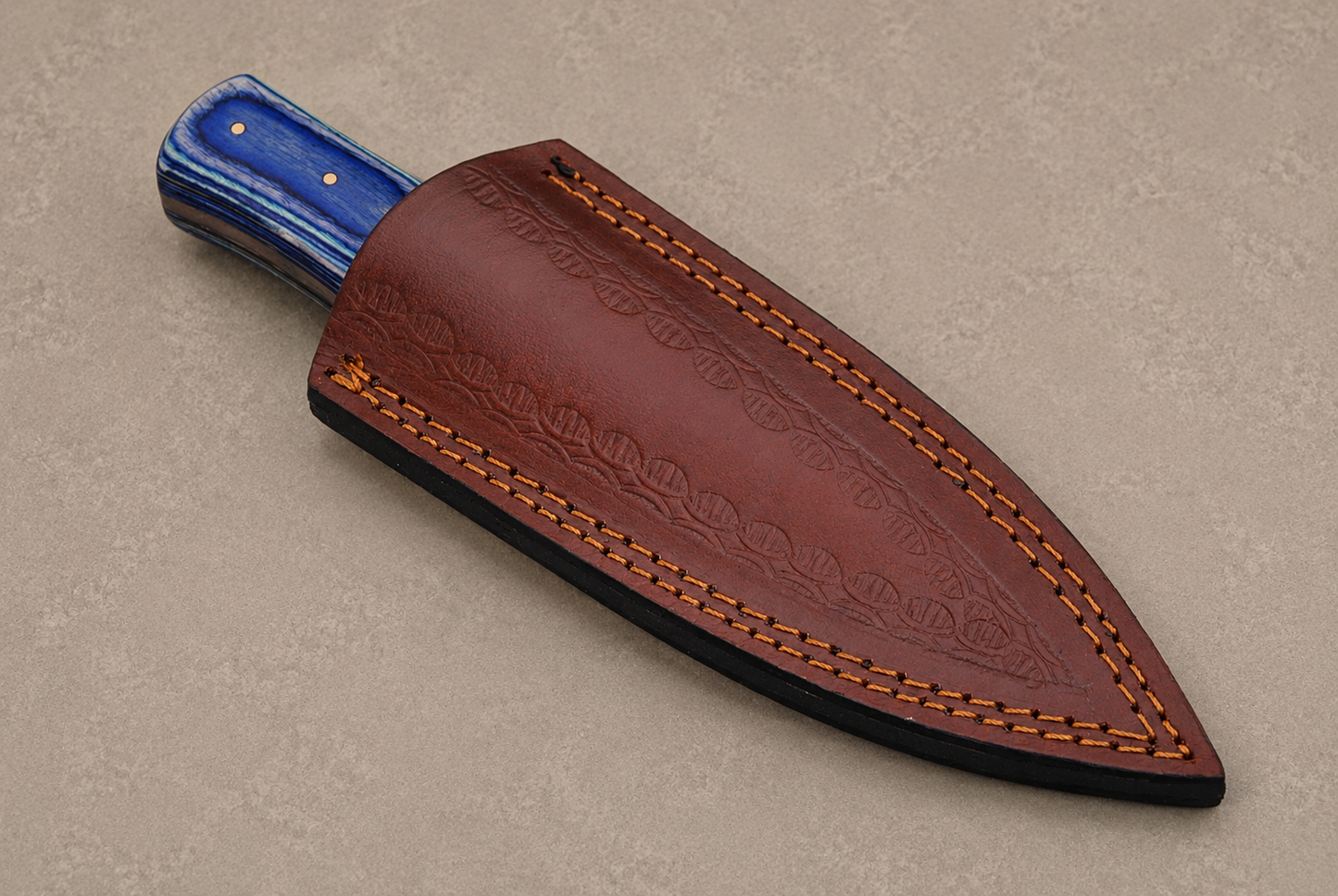Copper Timber Damascus Steel Knife – 512 Layer Hand Forged Blade with Stained Wood Handle & Leather Sheath