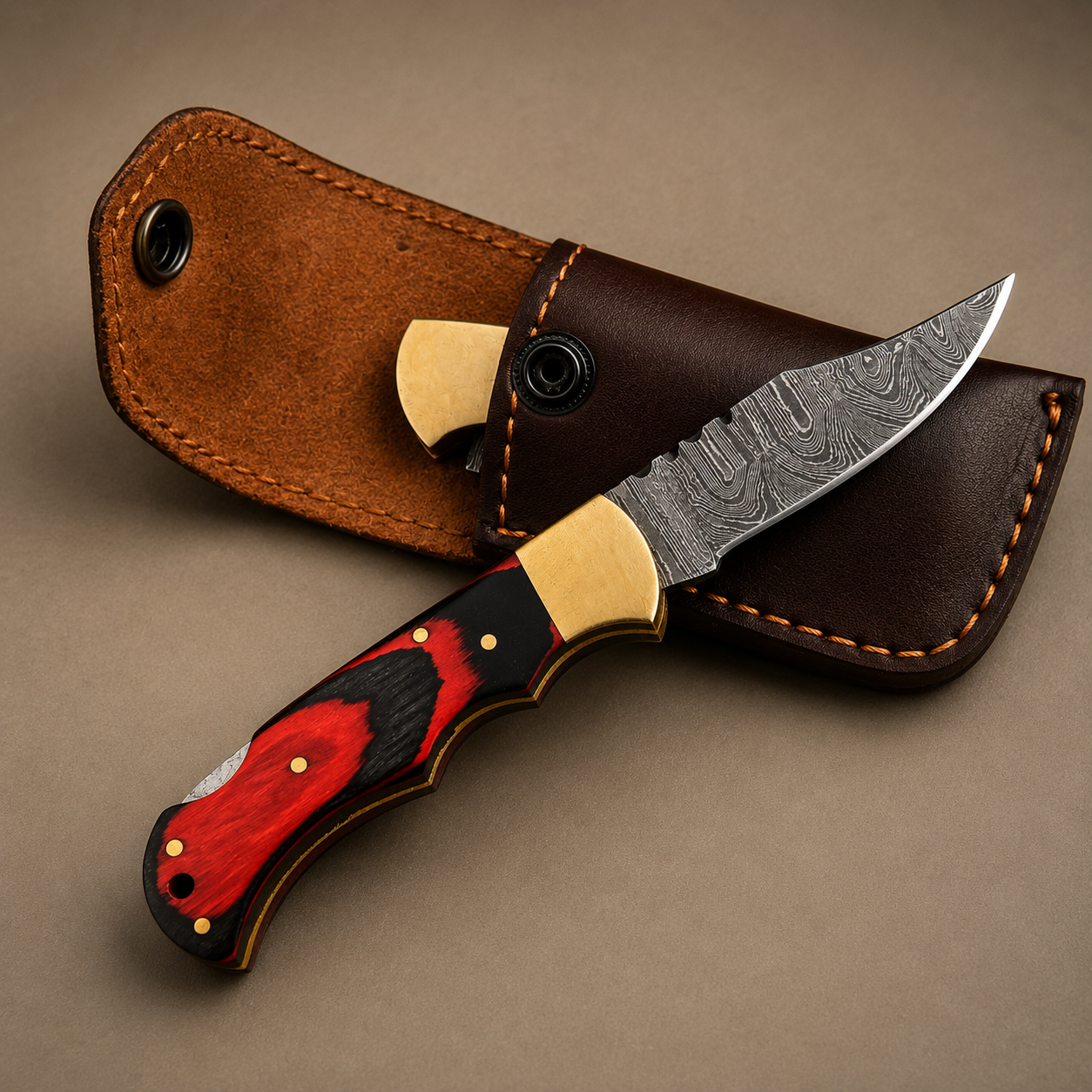Crimson Oak Damascus Folding Knife – Red & Black Pakka Wood Handle, Brass Bolster & Leather Sheath