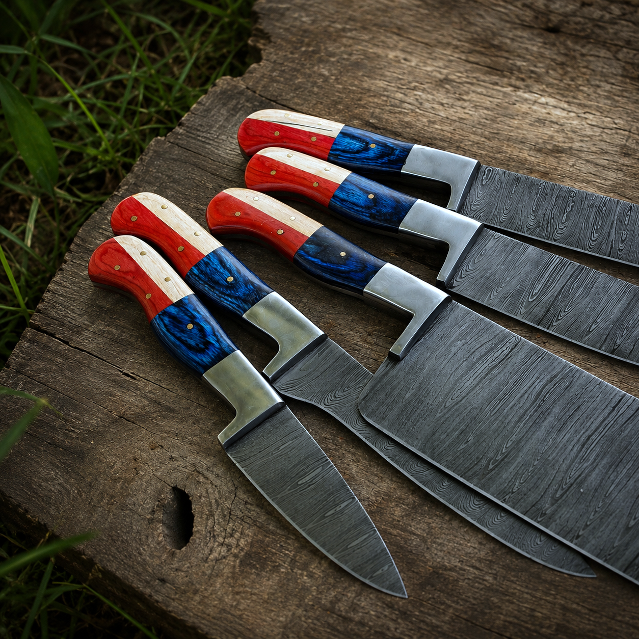 Hand Forged Damascus Steel Chef Knife Set – 5 Kitchen Knives with Wood Handles & Leather Sheath