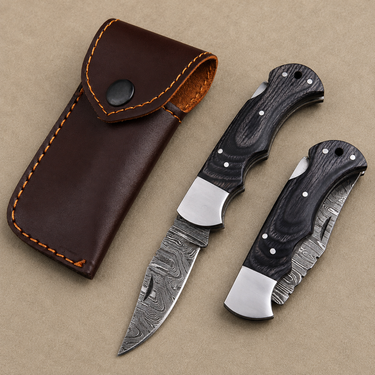 Artisan Damascus Steel Outdoor Folding Pocket Knife – Blue Pukka Wood Handle | Steel Bolster | Classic Back Lock