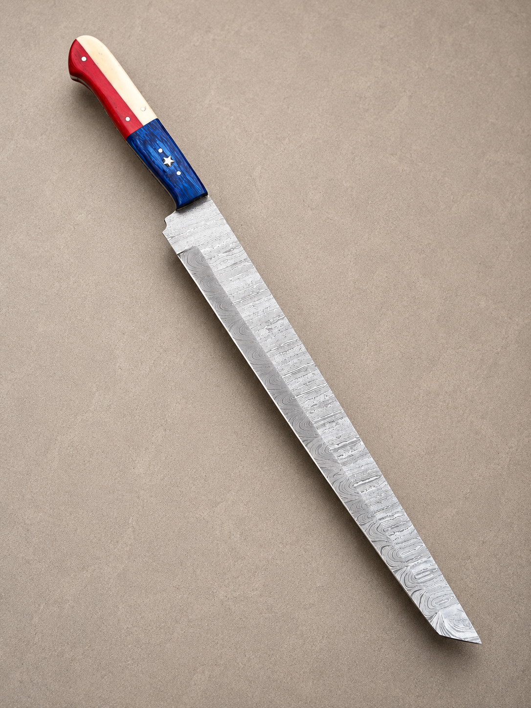 Lone Star Damascus Butcher Chef Knife – 15" Hand Forged Tanto-Style Kitchen Knife with Texas Flag Handle