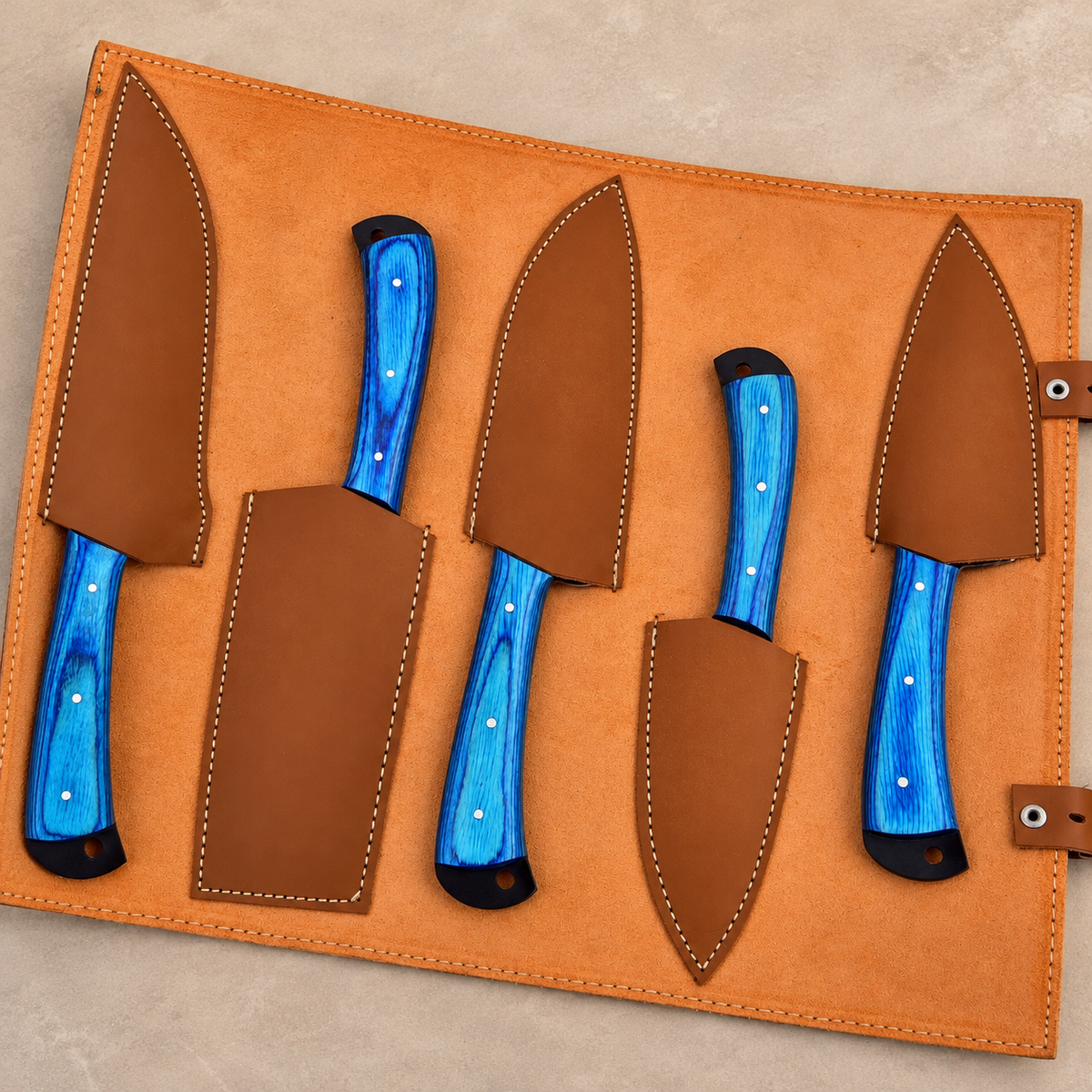 Hand Forged High Carbon Steel Chef Knife Set – 5-Piece Kitchen Set with Wood Handles & Leather Sheath