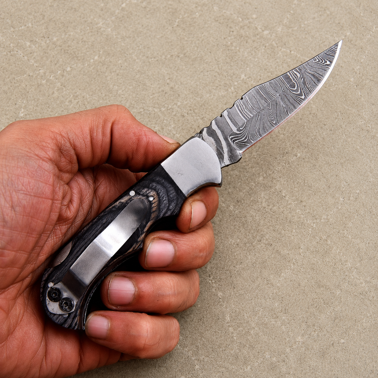 Personalized Damascus Folding Knife – Charcoal Black Pakka Wood Handle, Steel Bolster, Back Lock & Leather Sheath | Custom Engraved Gift