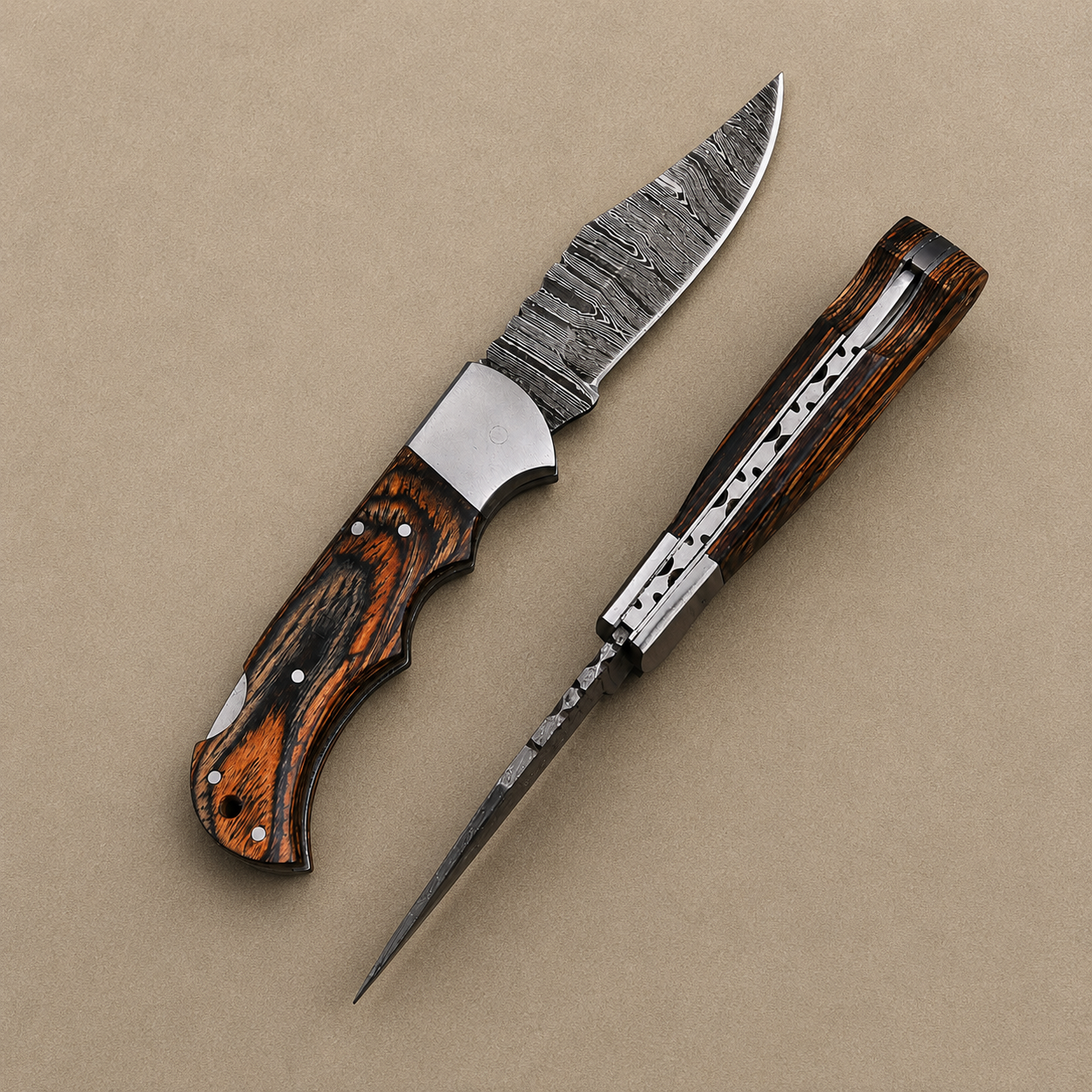 Artisan Damascus Steel Outdoor Folding Pocket Knife – Brown Pukka Wood Handle | Steel Bolster | Classic Back Lock