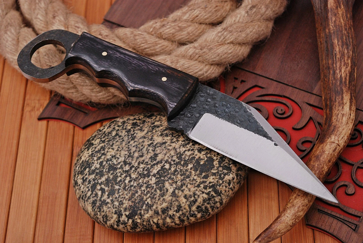 HAND FORGED RAILROAD SPIKE CARBON STEEL SEAX KNIFE & STAIN WOOD HANDLE EDC