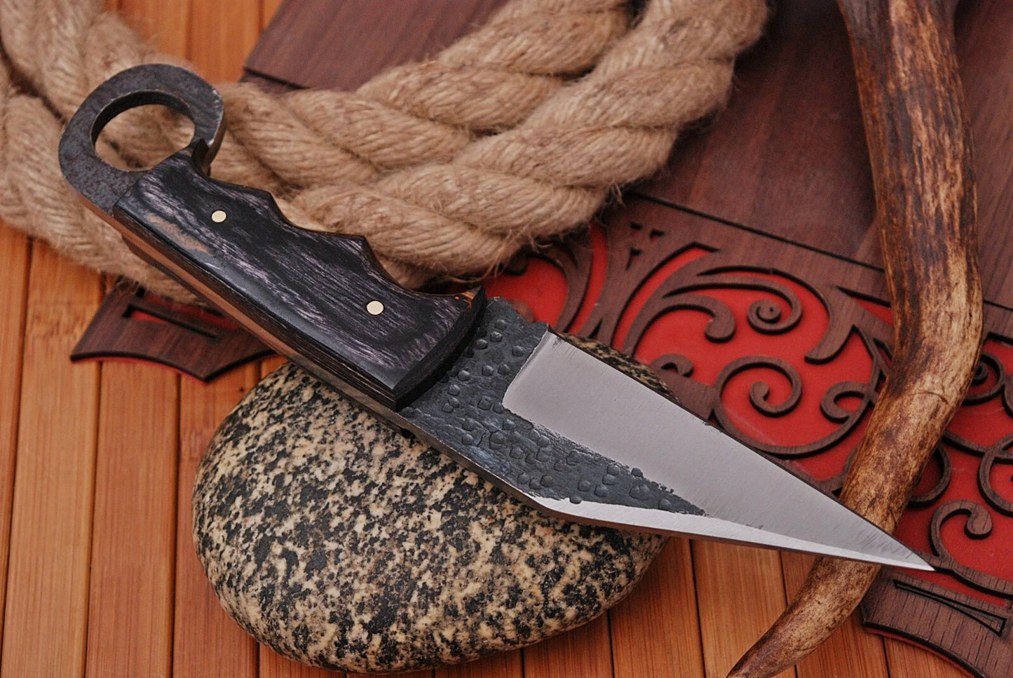 HAND FORGED RAILROAD SPIKE CARBON STEEL SEAX KNIFE & STAIN WOOD HANDLE EDC
