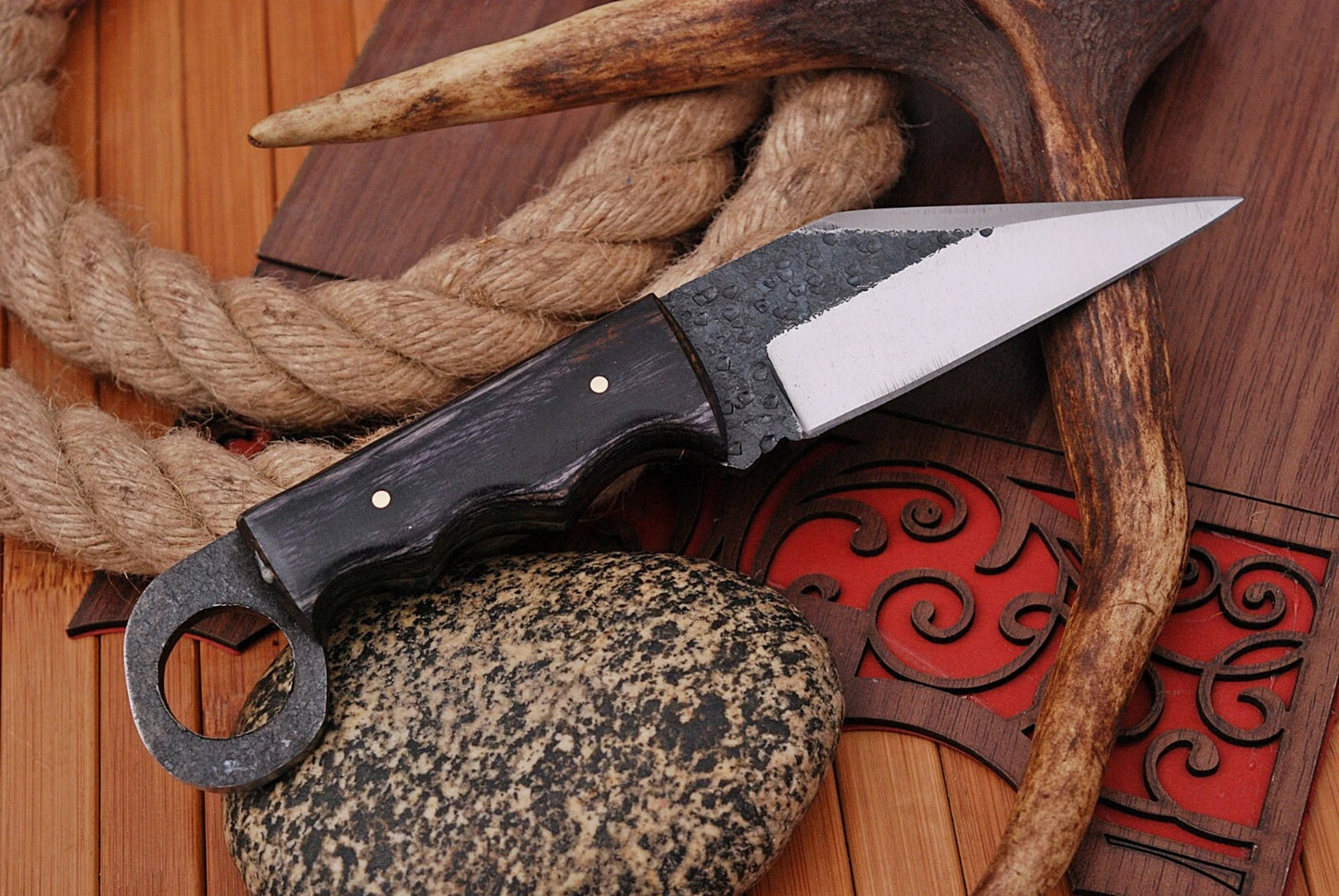 HAND FORGED RAILROAD SPIKE CARBON STEEL SEAX KNIFE & STAIN WOOD HANDLE EDC