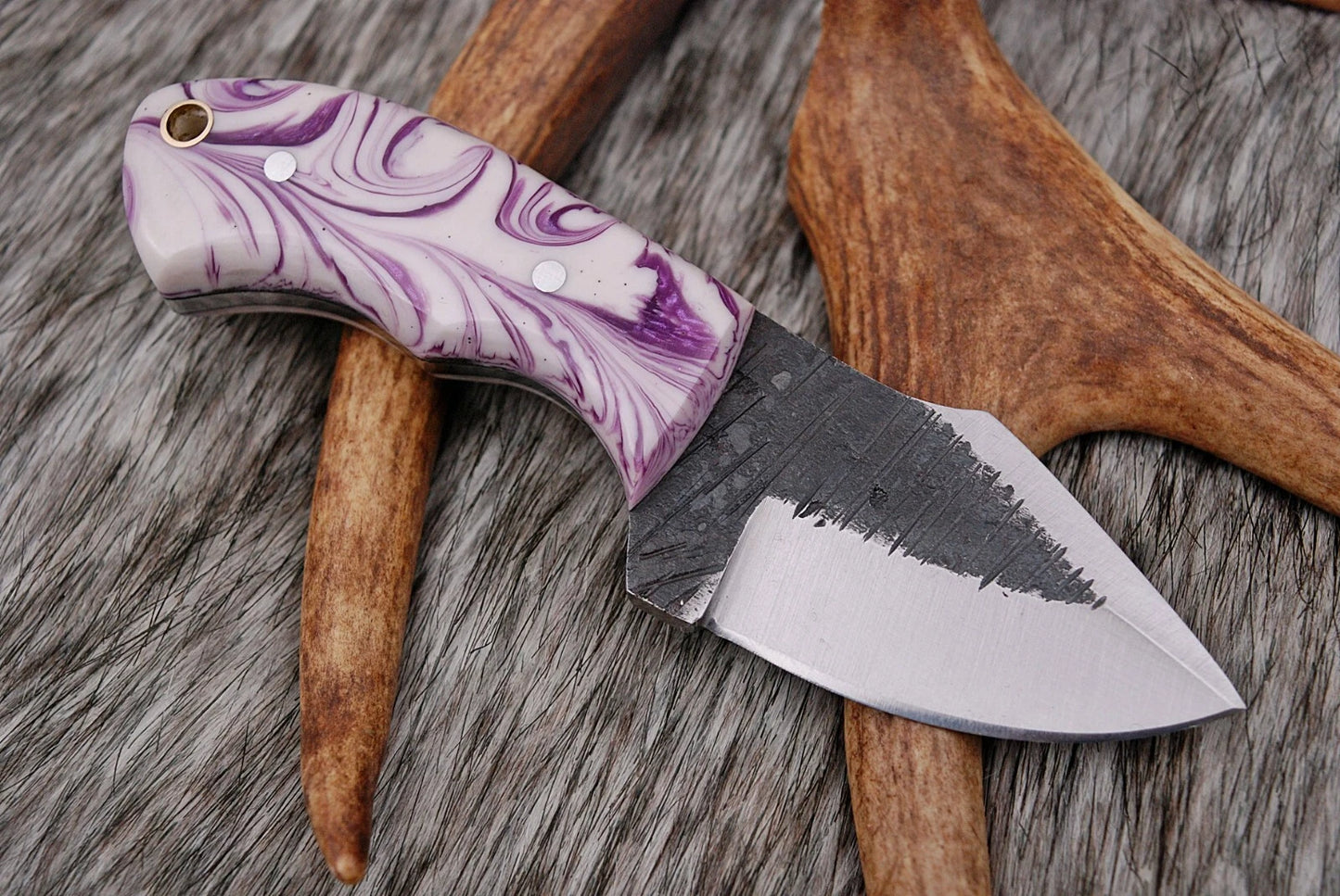 HAND FORGED RAILROAD SPIKE CARBON STEEL KNIFE &RISEN HANDLE AH DAMASCUS
