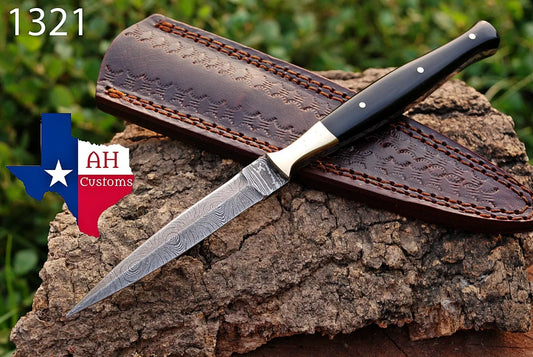 HAND FORGED DAMASCUS STEEL DAGGER THROWING BOOT KNIFE & HORN HANDLE SURVIVAL EDC