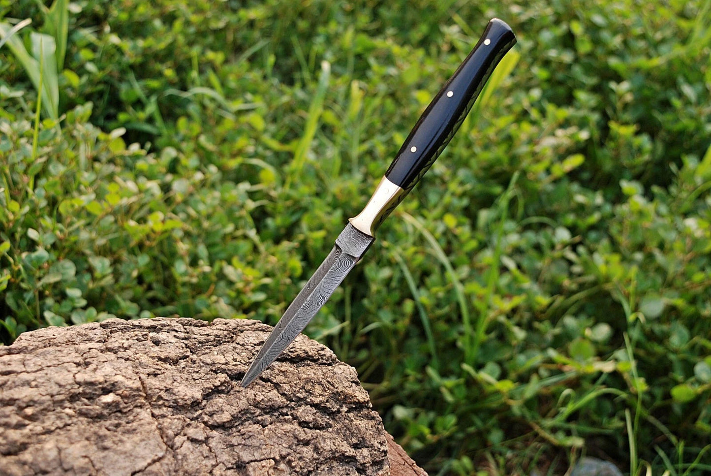 HAND FORGED DAMASCUS STEEL DAGGER THROWING BOOT KNIFE & HORN HANDLE SURVIVAL EDC