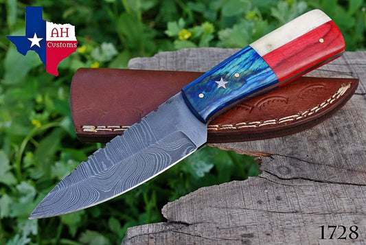 HAND FORGED DAMASCUS STEEL HUNTING KNIFE & TEXAS FLAG HANDLE