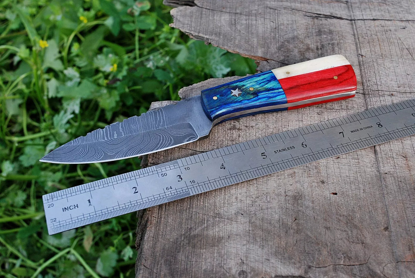 HAND FORGED DAMASCUS STEEL HUNTING KNIFE & TEXAS FLAG HANDLE