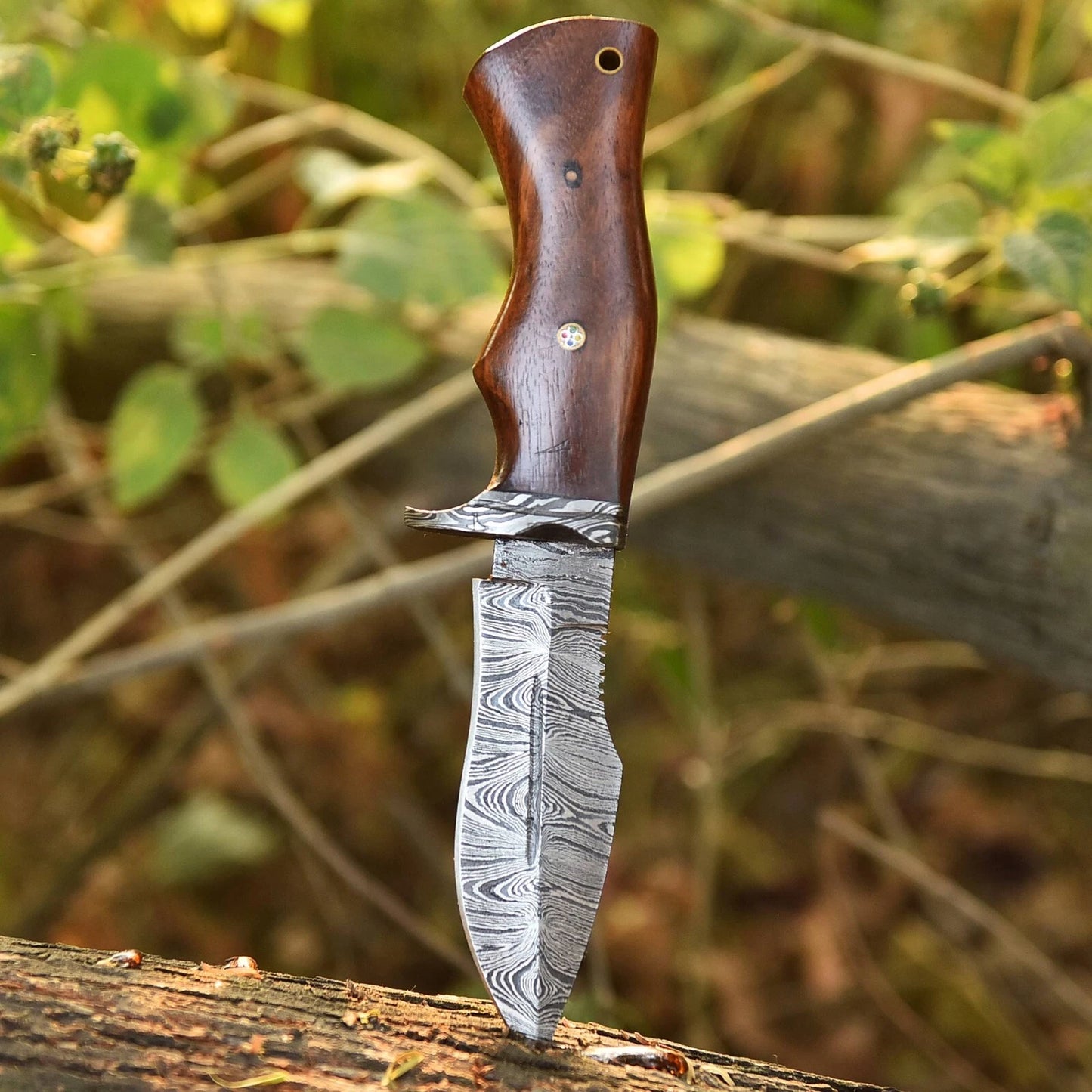Custom Handmade Damascus Steel Bowie Hunting Knife Wood Handle W/ Sheath