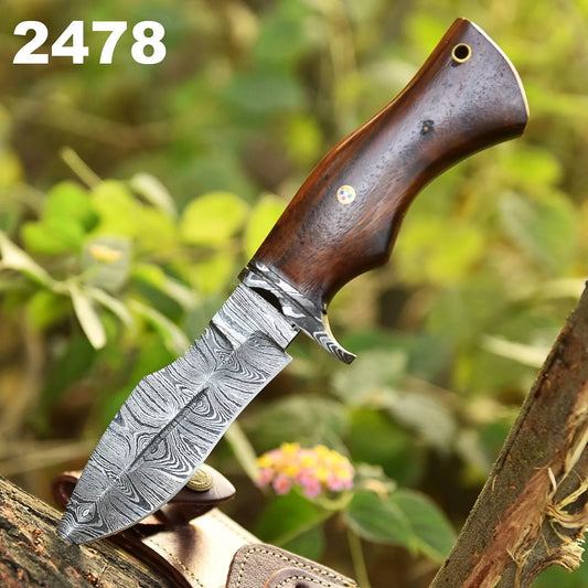 Custom Handmade Damascus Steel Bowie Hunting Knife Wood Handle W/ Sheath