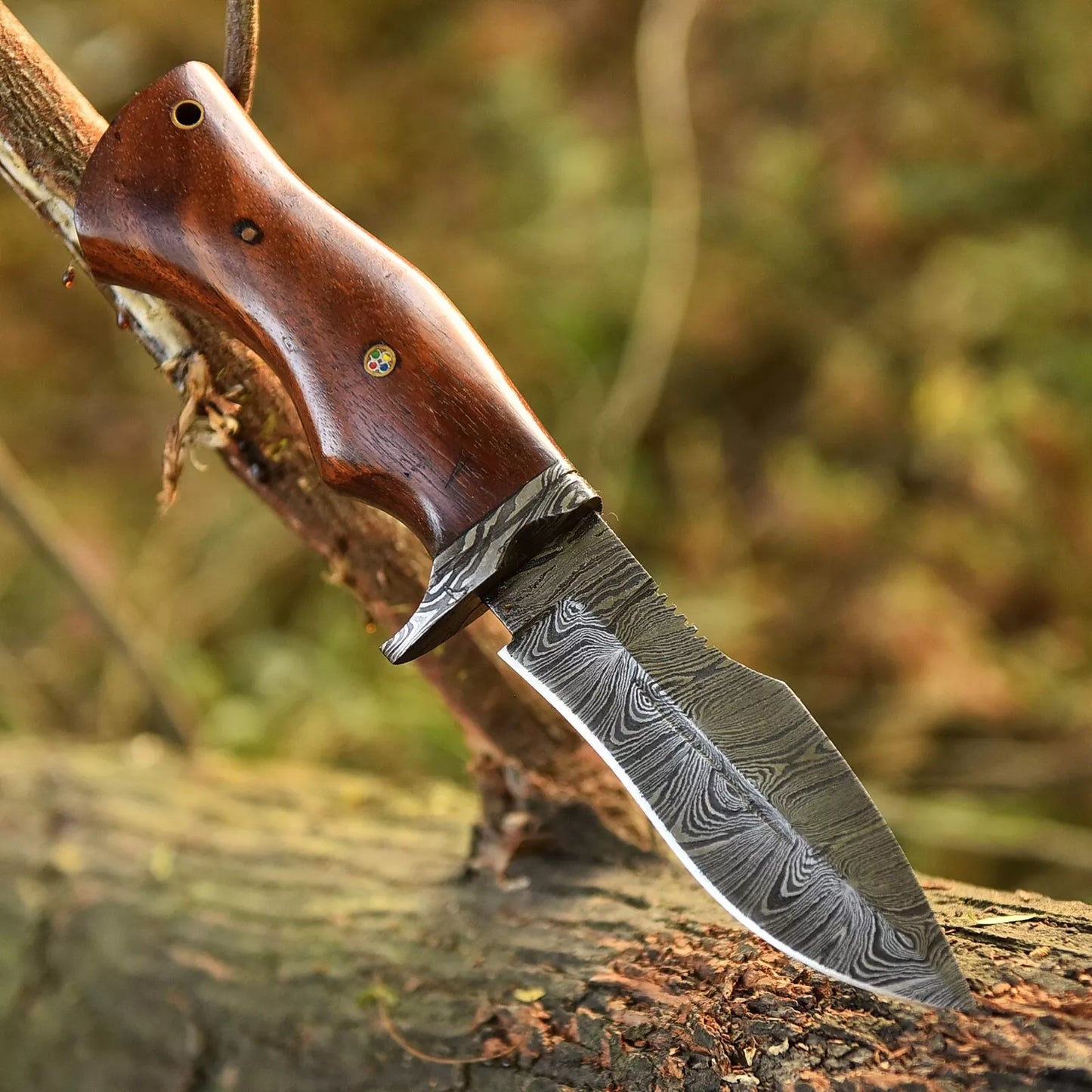 Custom Handmade Damascus Steel Bowie Hunting Knife Wood Handle W/ Sheath