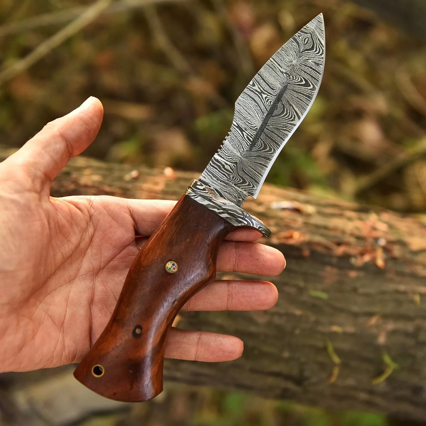 Custom Handmade Damascus Steel Bowie Hunting Knife Wood Handle W/ Sheath