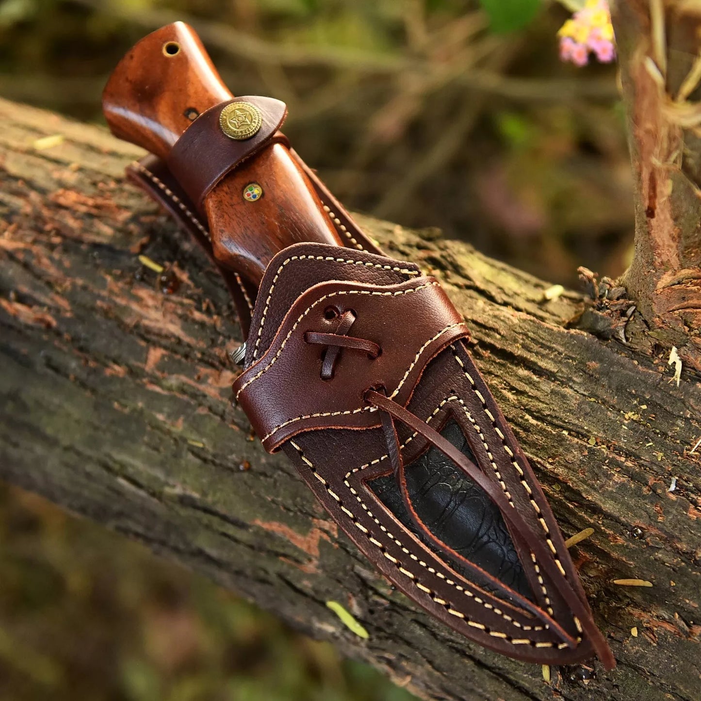 Custom Handmade Damascus Steel Bowie Hunting Knife Wood Handle W/ Sheath