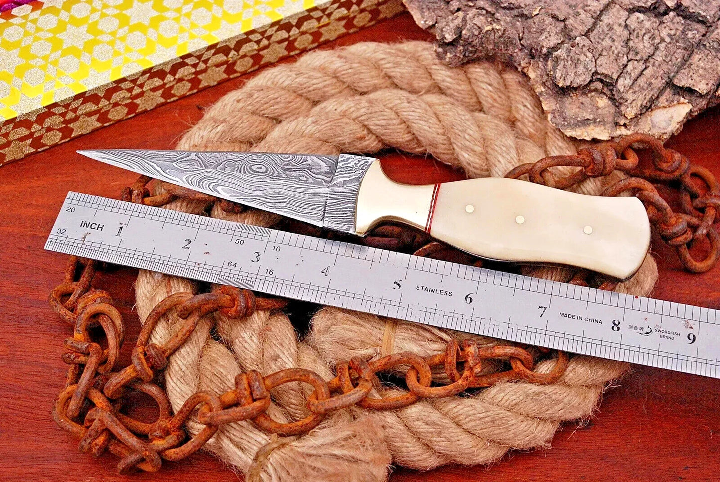 Double-Edged V42 Military Damascus Dagger boot Knife Scottish dirk Camel bone