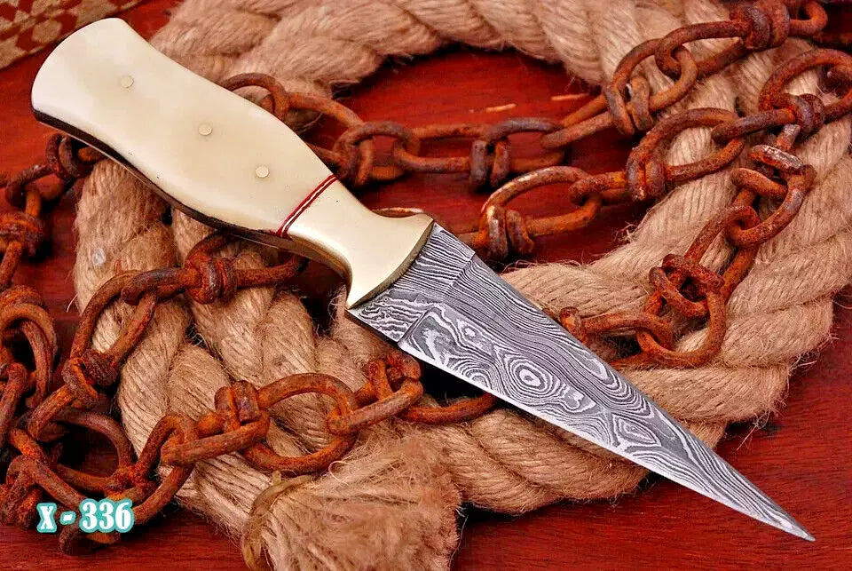 Double-Edged V42 Military Damascus Dagger boot Knife Scottish dirk Camel bone