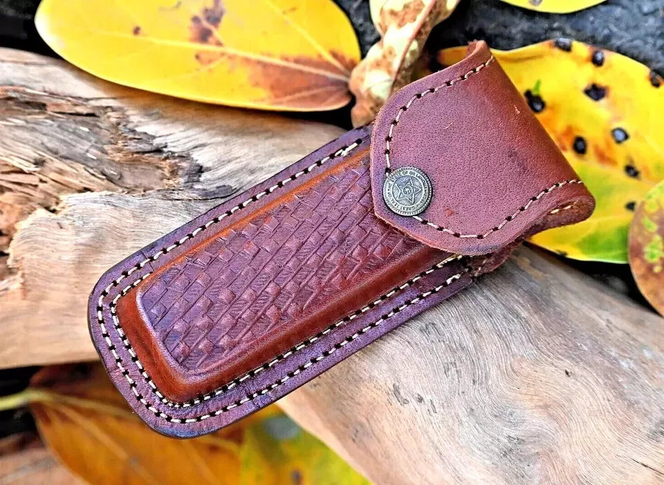 CUSTOM HANDMADE PURE COW LEATHER SHEATH FOR 5" FOLDING KNIFE SURVIVAL EDC